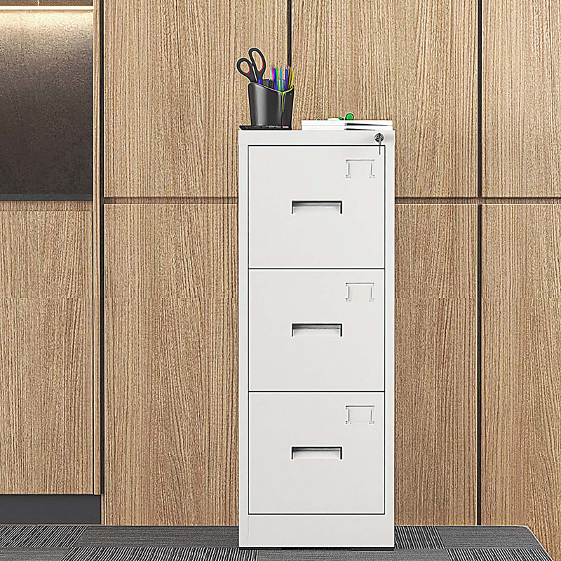 3 Drawer Metal Vertical File Cabinet with Lock and Card Slot, White