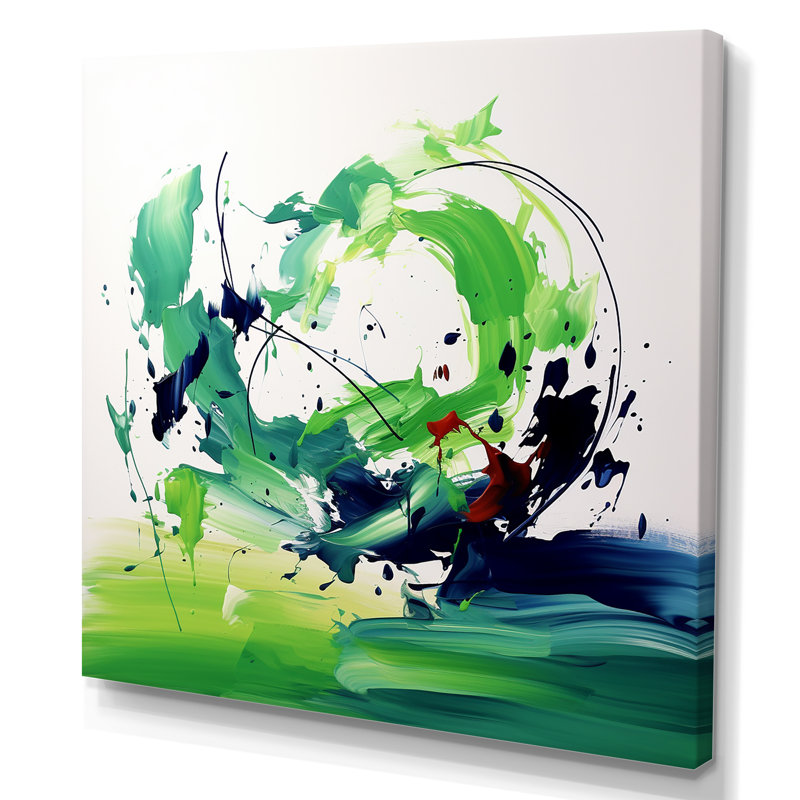 «Green and White Abstract Ink Expression II», art mural abstrait, H 16 po x l 16 po x P 1 po, Toile tendue