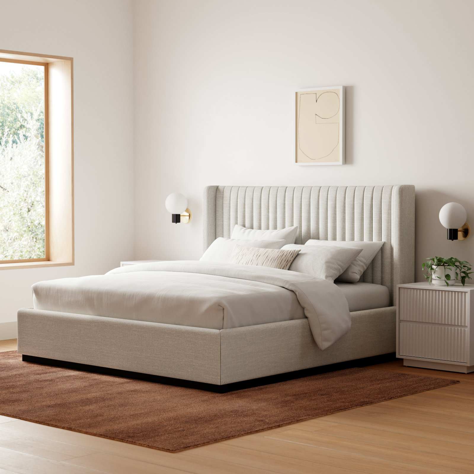 Chamblis Upholstered Wingback Bed, King, Beige Linen Textured Fabric