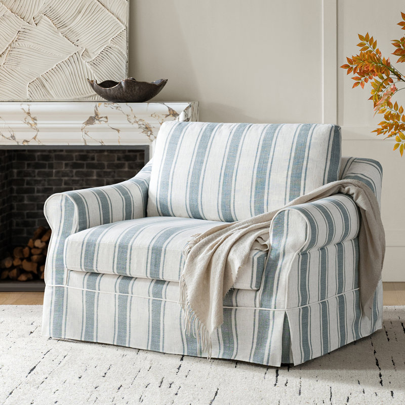 Estevan 50.75"W Farmhouse Slipcovered Oversized Armchair with Feather Blended Cushion, Blue Stripe