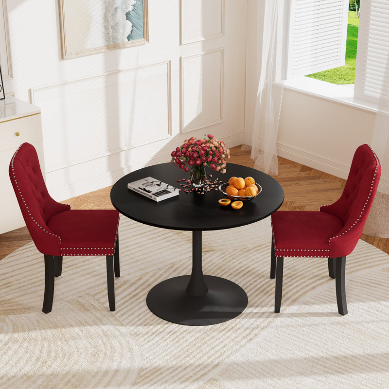 Round Pedestal Dining Set with 2 chairs, Red, Black/Black