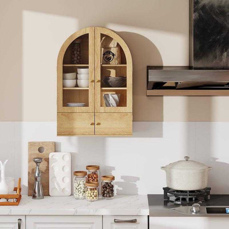 Armoire murale de salle de bain avec portes en verre, armoire à pharmacie en bois avec tablette réglable, armoire suspendue arquée pour salle de bain, salon, naturel