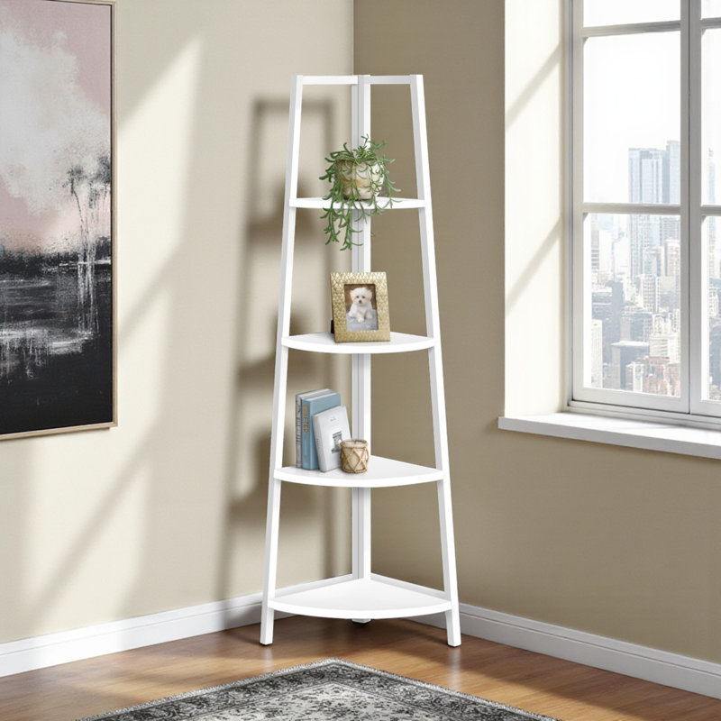 Jonco 4 Shelves Corner Etagere Bookshelf in White Finish, 58.89" H X 17.28" W X 11.04" D