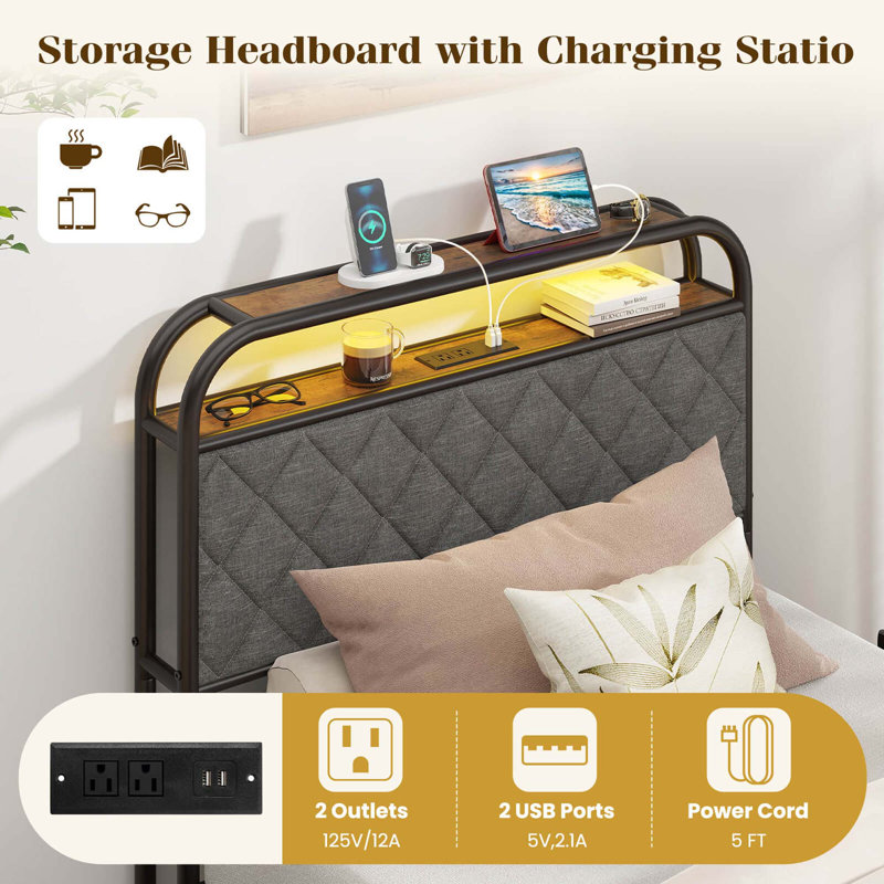 Cadre de lit avec lumières à DEL et tête de rangement et tiroirs avec station de charge, Noir / gris, Simple