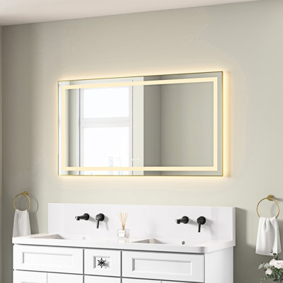 55" X 30" Wall Mounted Bathroom Vanity Mirror With Aluminum Frame, Front And Backlight, - Fog, Memory, 3 Colors, Stepless Dimmable, Brushed Gold, High Definition Surface For Enhanced Lighting Color