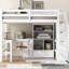 Lit mezzanine double blanc avec bureau en forme de L, tiroirs utiles, armoire et escalier de rangement spacieux de style moderne-588223715