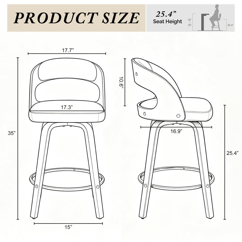Ensemble de 2 tabourets de bar rotatifs Modern de 25,4 po de hauteur pour îlot de cuisine, bar et café, Noir