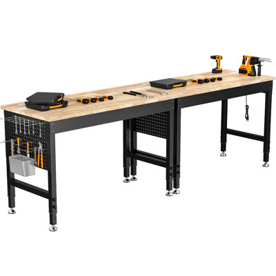 Établi robuste 96 po, capacité de charge de 2 000 lb, table de travail en bois d'hévéa avec panneau perforé, prises de courant, banc de travail pour garage, atelier, bureau, maison, commercial, livré dans 2 boîtes