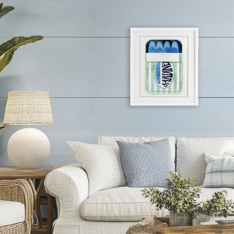 «Stripe Sardine Tin», reproduction encadrée sous verre, design par Daphne Polselli, H 21 po x l 17 po, Cadre blanc côtier
