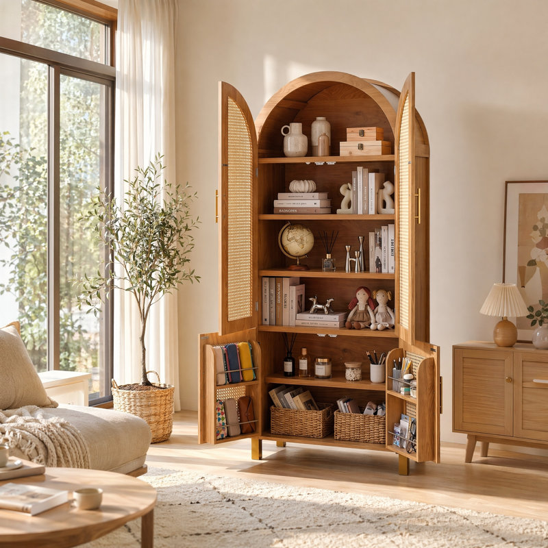 Armoire haute cintrée UNABO avec portes en rotin et étagères réglables, armoire de rangement à 4 portes, Chêne
