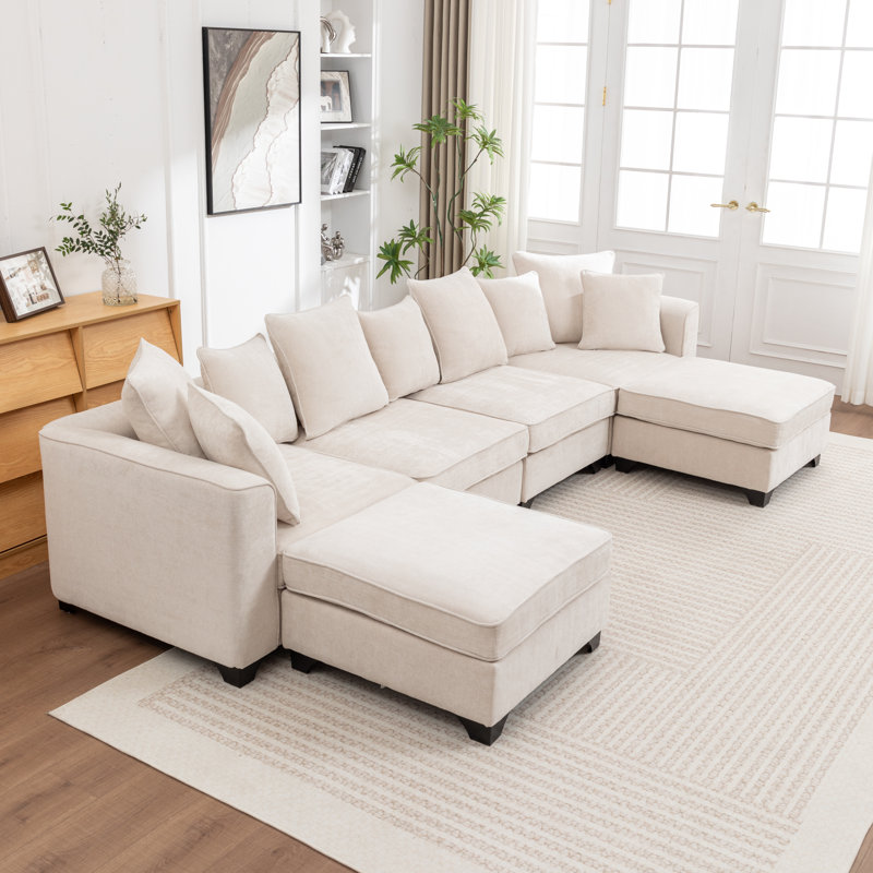 Canapé modulaire en U avec 2 repose-pieds Bennett, Chenille beige