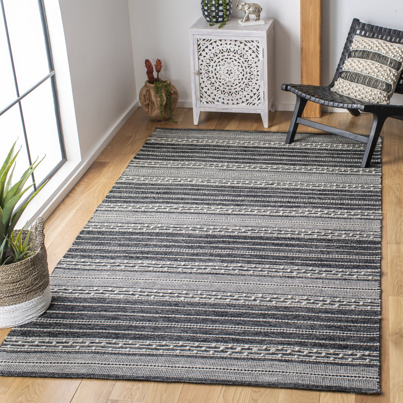 Hartwig Striped Handwoven Cotton Black/Ivory Area Rug, Rectangle 4' x 6'