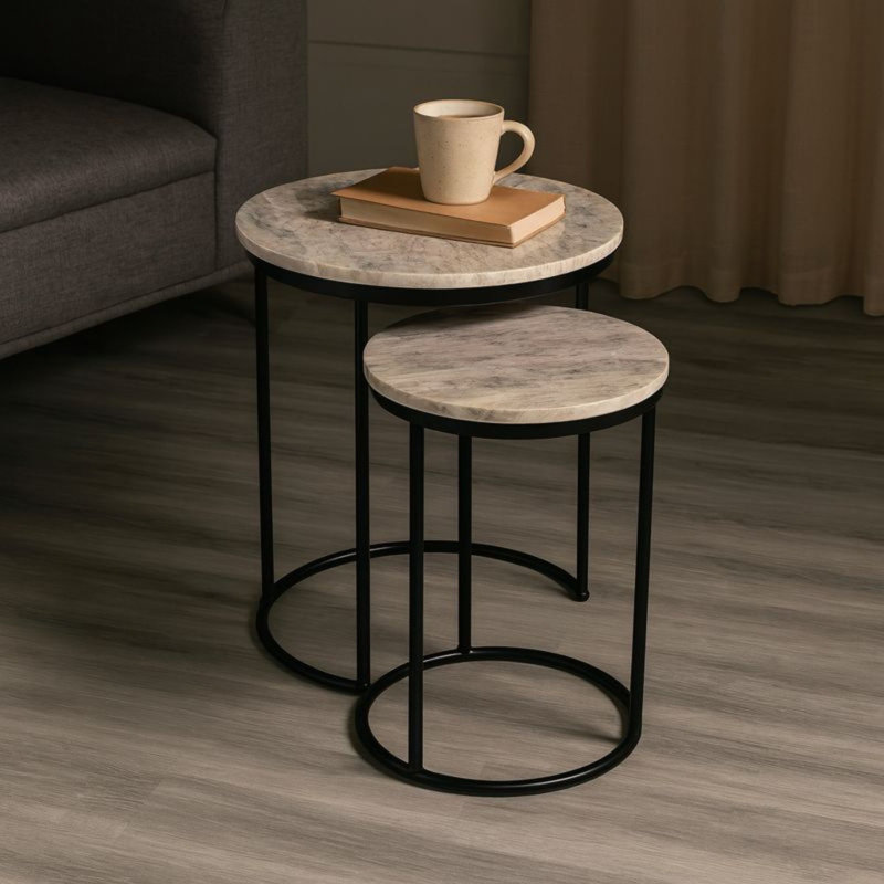 Nesting Tables | Brown Marble Top Nesting Coffee Table with Metal Frame, Black, Brown