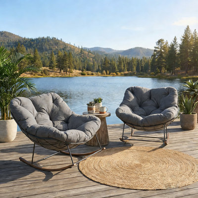 Outdoor Rocking Chairs Set Of 2,oversized Papasan Chair With Cushion And Frame, Comfy Modern Rocker Egg Chair For Living Room, Garden Backyard, Pool, (grey,2pc)