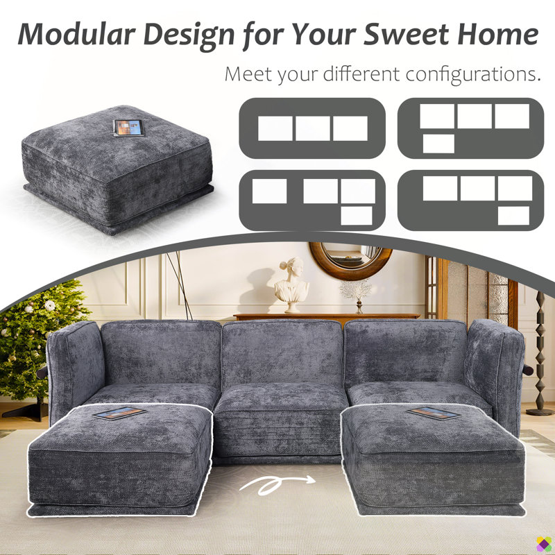 Praylow 119.68"W Chenille Modular Sectional, Dark Gray