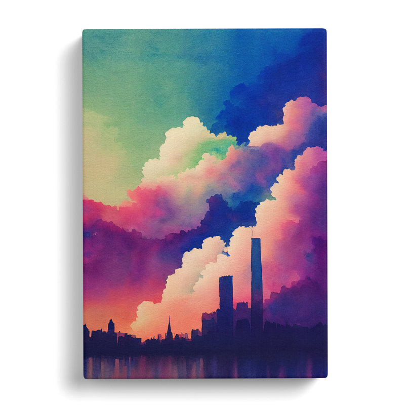 Watercolour City Skyline Clouds No.1 - Wrapped Canvas Print, 50cm H x 35cm W x 3cm D