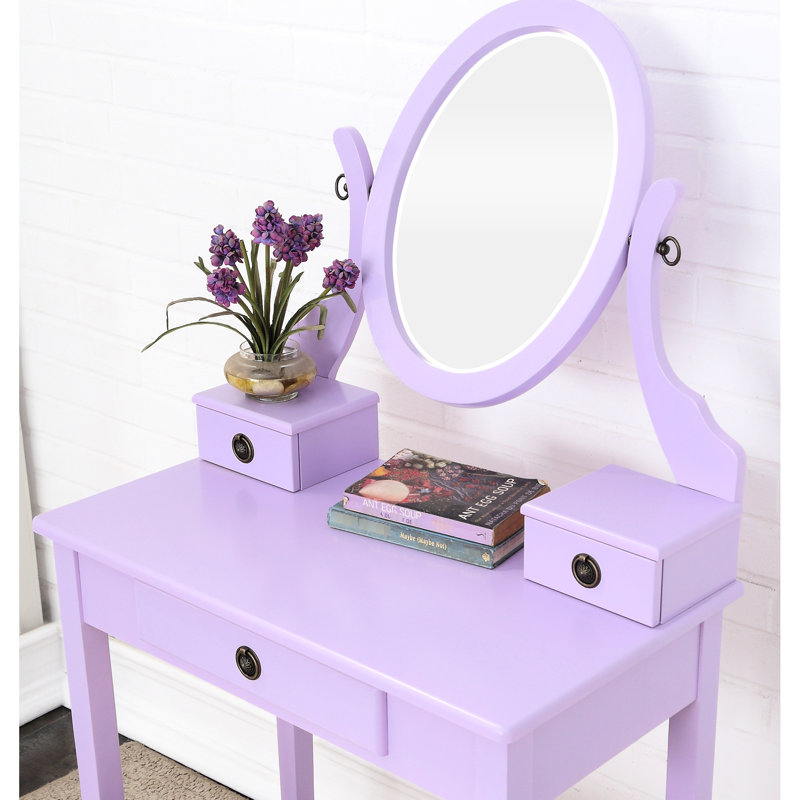 Attractive Purple Wood Vanity Table And Stool With 3 Storage Mirror Makeup 3 Drawer Compartment Adjustable, Purple