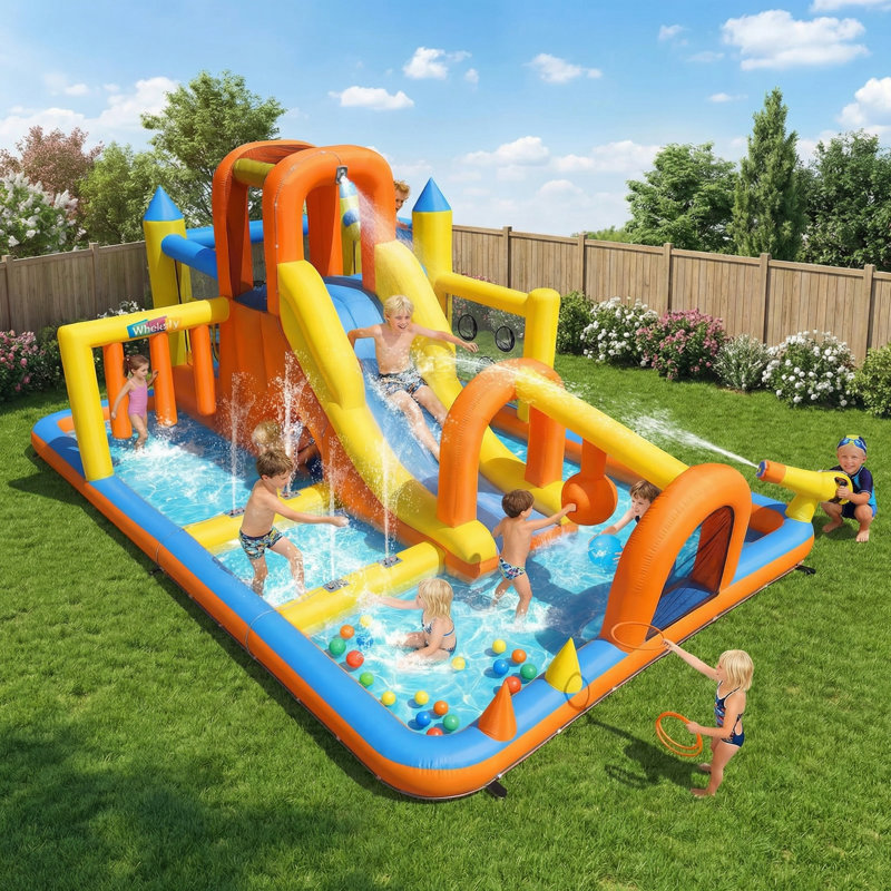 Jeu gonflable avec glissade d'eau pour enfants 3-12, glissade d'eau Mega avec glissade longue, parcours d'obstacles, saut, piscine, cerceau, canon à eau, glissade d'eau dans la cour arrière