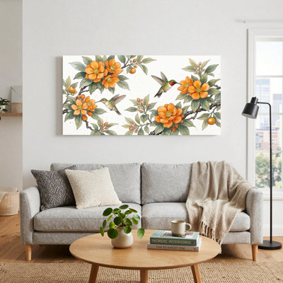 Ensemble de 1 tableau sur toile représentant un colibri et des fleurs