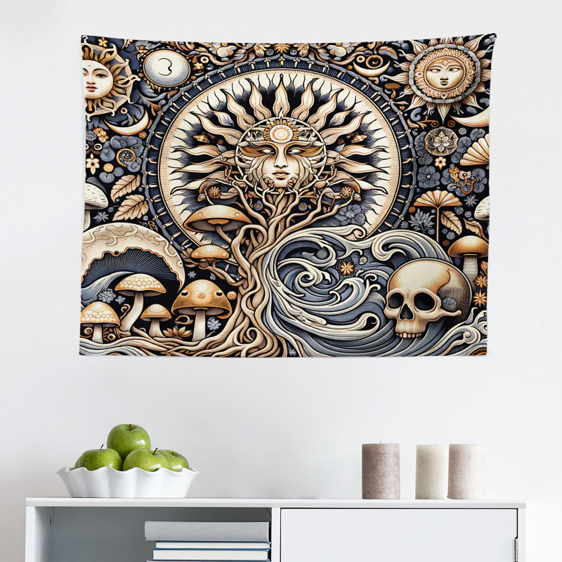 Bungalow Rose Boho Art Wall Hanging Tapestry Occult Sun Skull Moon Wave Blue Violet Pale Brown, H 30 po x l 45 po