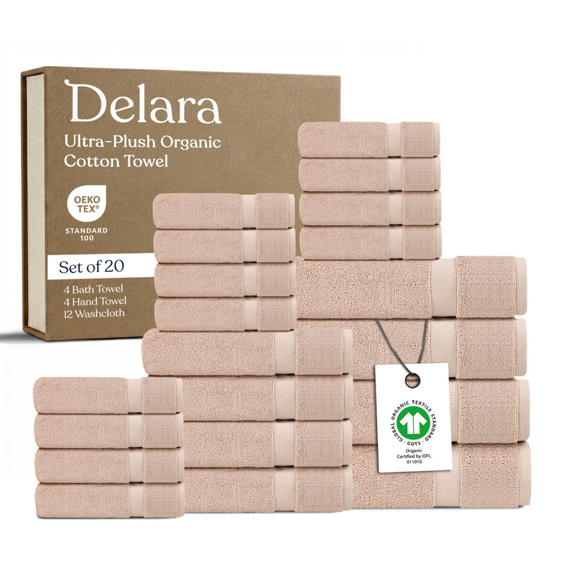 Delara Organic Cotton Plush Towel Set of 20, GOTS & OEKO-TEX Certified, 650 GSM, Soft, Quick-Dry, Absorbent, Hotel Quality