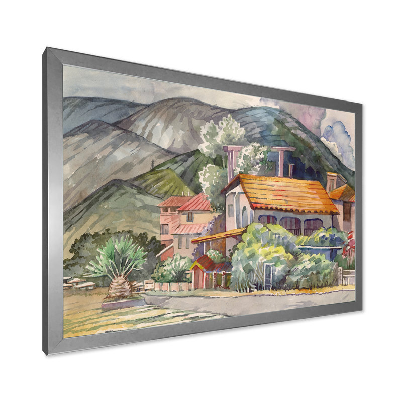 Paysage grec au large de la mer Égée - peinture sur toile, H 12 po x l 20 po x p 1 po, Cadre photo argenté