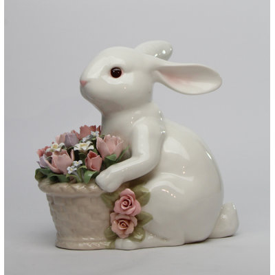Fine Porcelain Easter Rabbit Holding a Flower Bouquet Figurine- 8 1/4"H