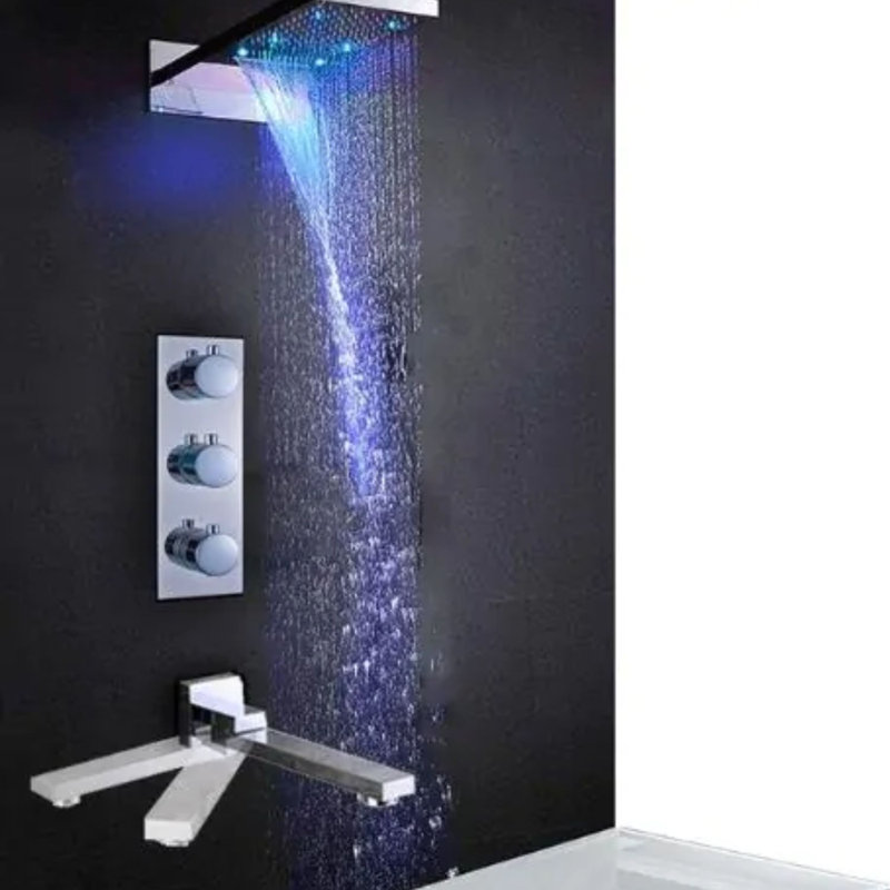 Juno LED Luxury Rain Waterfall Bathroom Shower Head & Bathroom Faucet