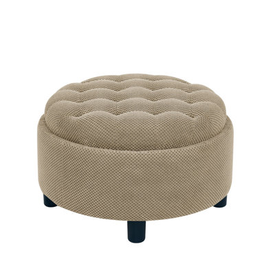 25 Inch Storage Ottoman, Round Footstool, Coffee Table Ottoman, Wooden Top Side Table, Fabric Upholstered Pouf, Small Space Furniture, Hidden Storage, Modern Farmhouse Decor, Living Room,Bedroom,Camel