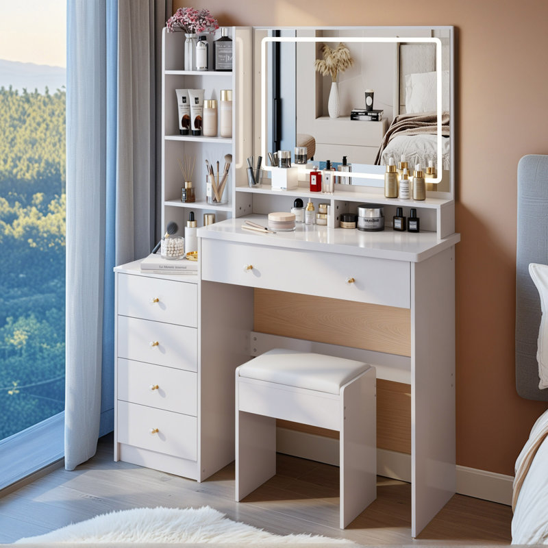 Ensemble de meuble-lavabo moderne blanc avec miroir, tablettes ouvertes, 5 tiroirs de rangement et tabouret rembourré, coiffeuse compacte