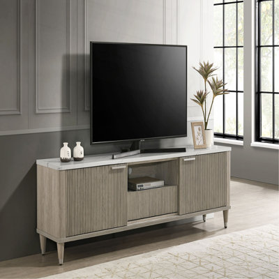 Meuble télé 1 pi moderne luxueux et élégant en faux marbre avec portes coulissantes et pieds fuselés