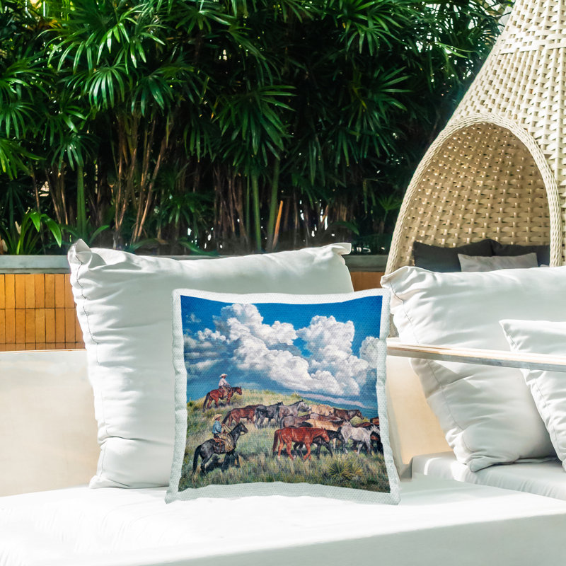 Coussin imprimÃ© Â« Paysage de cow-boys et de chevaux de l'Ouest Â» pour l'extÃ©rieur par Â© David Graham
