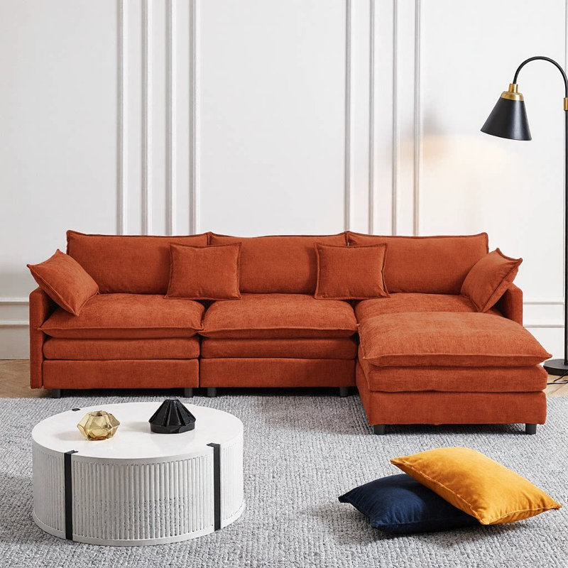 Canapé d'angle modulaire Velmira 105 po avec pouf | Canapé 3 places en chenille avec ressorts ensachés | Adapté au salon, appartement ou coin détente