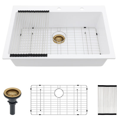White 33X22" Quartz Kitchen Sink, Advanced Composite, Reduces Vibration, Smooth Non - Scratch, Rounded Corners For Simple Maintenance, Package With Drying Roll Up Rack And Bottom Grid Vibration
