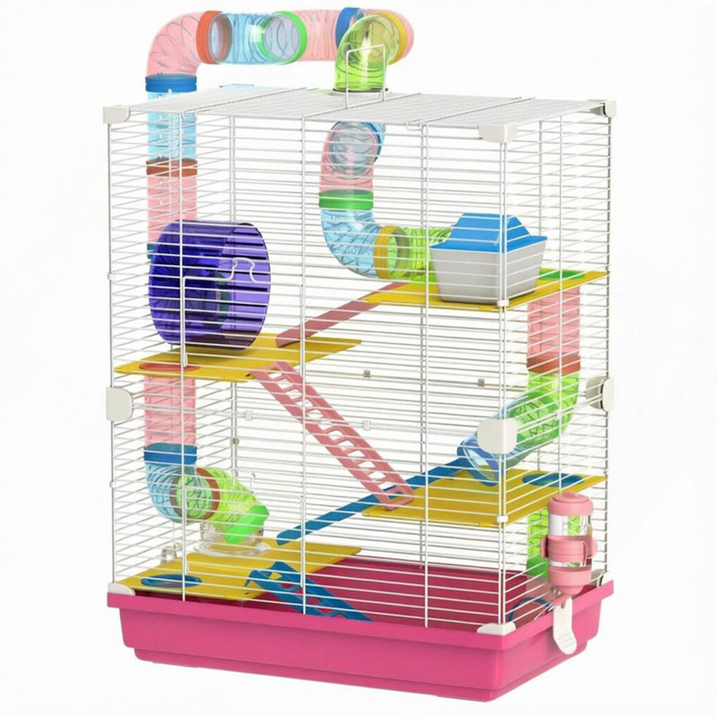 Cage à hamster portative à 5 niveaux pour petits animaux de compagnie avec roue d'exercice et tubes de raccordement pour tunnel