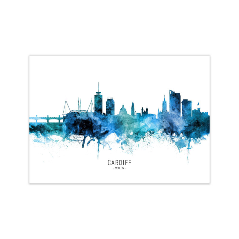 Cardiff Wales Skyline Blue City Name by Michael Tompsett - Print, 60cm H x 84cm W x 1cm D, Unframed