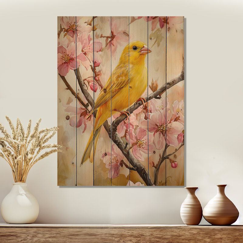 Oiseau canari dans les fleurs I - impression sur bois d'oiseau - sur bois de pin naturel, H 32 po x l 24 po x P 0,78 po