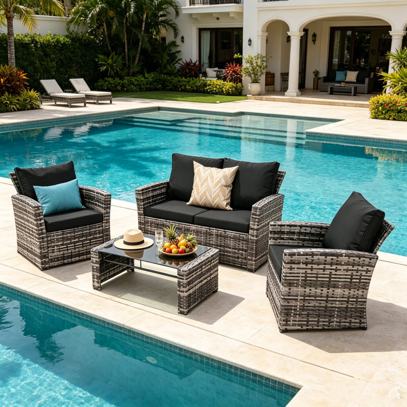 Ensemble de conversation pour patio 4 personnes avec coussins, Noir