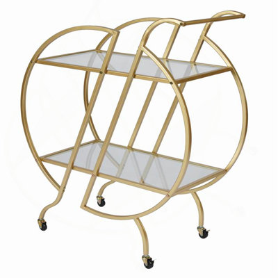 Bar Carts for The Home Bar Serving Cart, Rolling Bar Cart Gold with Lockable Caster Wheels, Glass Bar Carts with 2 Mirrored Shelves, Storage Round Wine Carts for Kitchen, Party