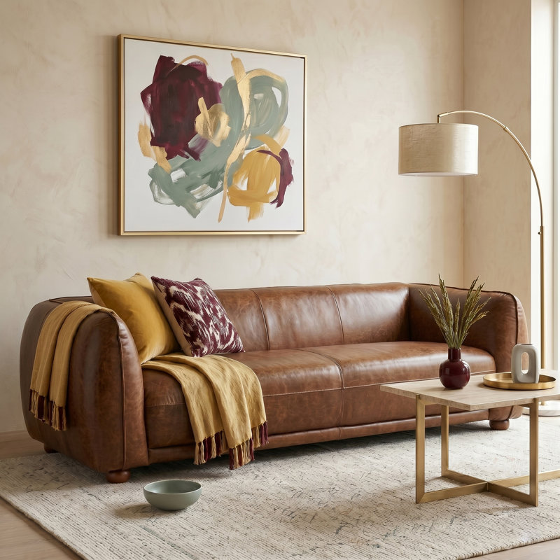90'' Leather Sofa, Brown Genuine Leather