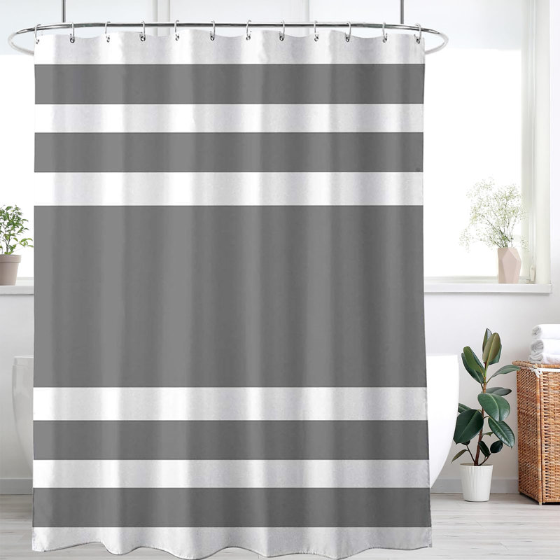 Bathroom Shower Curtain with 12 Hooks, Grey Striped