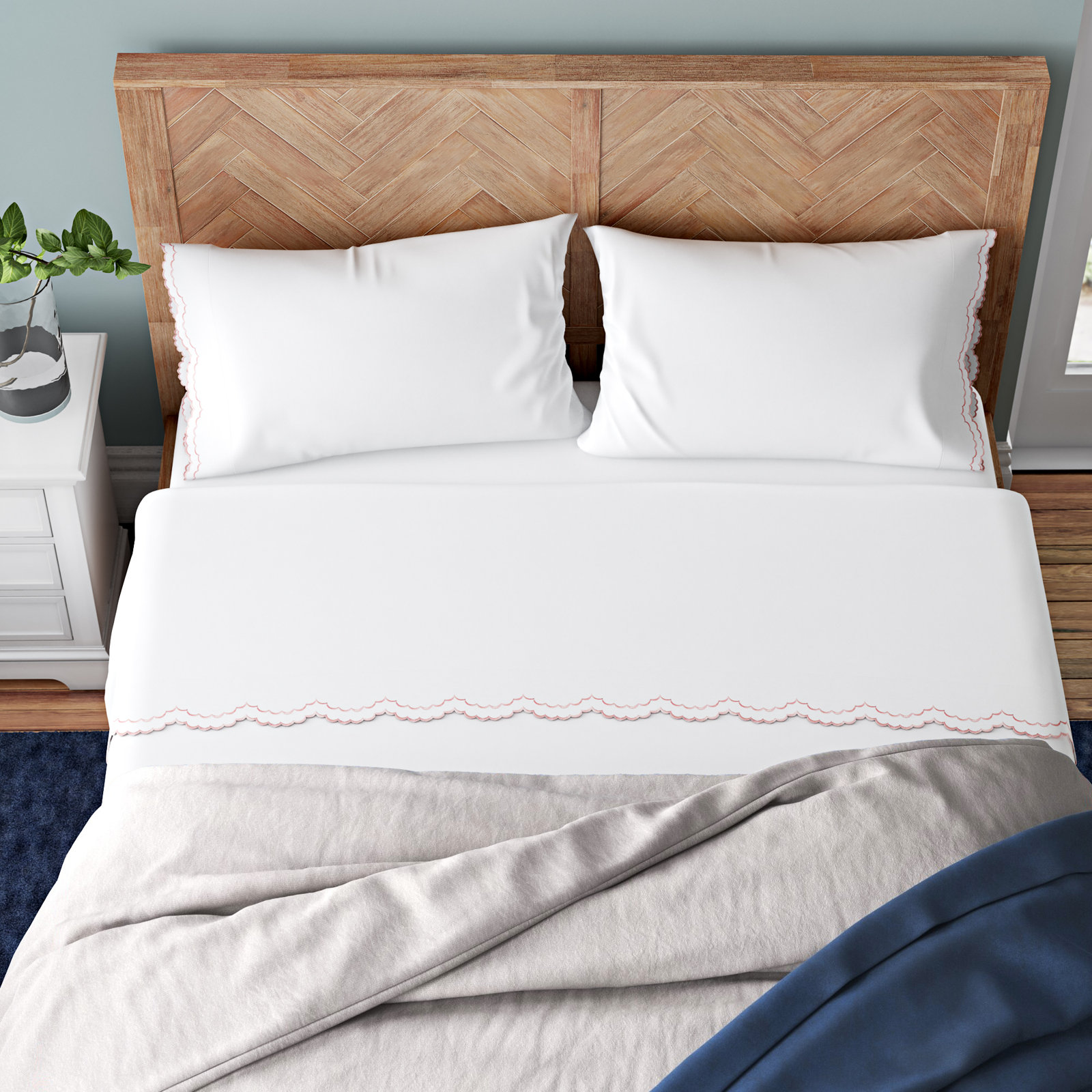 Bara Cotton Sheet Set, King Sheet Set with 2 Pillowcases, Rose/White