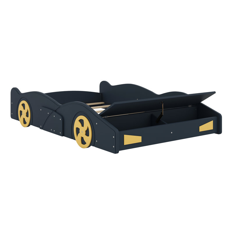 Lit plateforme avec roulettes et rangement Race, Bleu foncé / Jaune