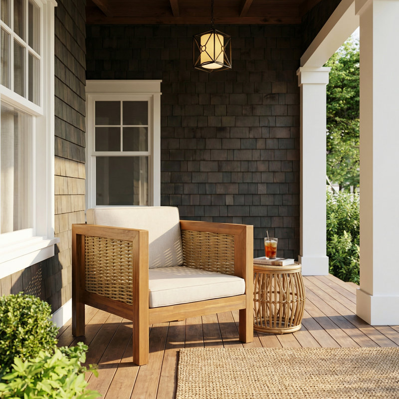 Outdoor Club Patio Chair with Cushions, Teak Wicker/Teak Finish