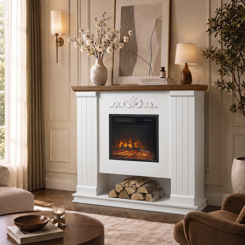 Foyer électrique de 45 po avec manteau et tablette, 1400 W, autoportant, blanc