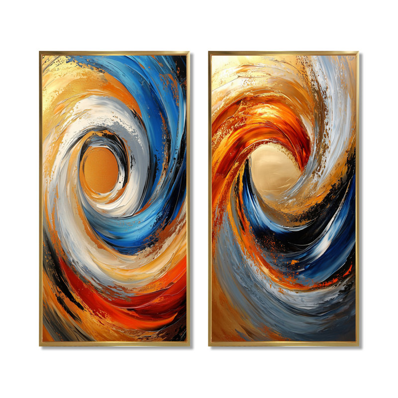 Golden Rainbow liquide encre spirale I - décoration murale abstraite 2 panneaux, Cadre flottant doré, H 32 po x l 33 po