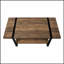 Table basse rectangulaire en stratifié brun avec structure en métal noir, parfaite pour le salon et le rangement