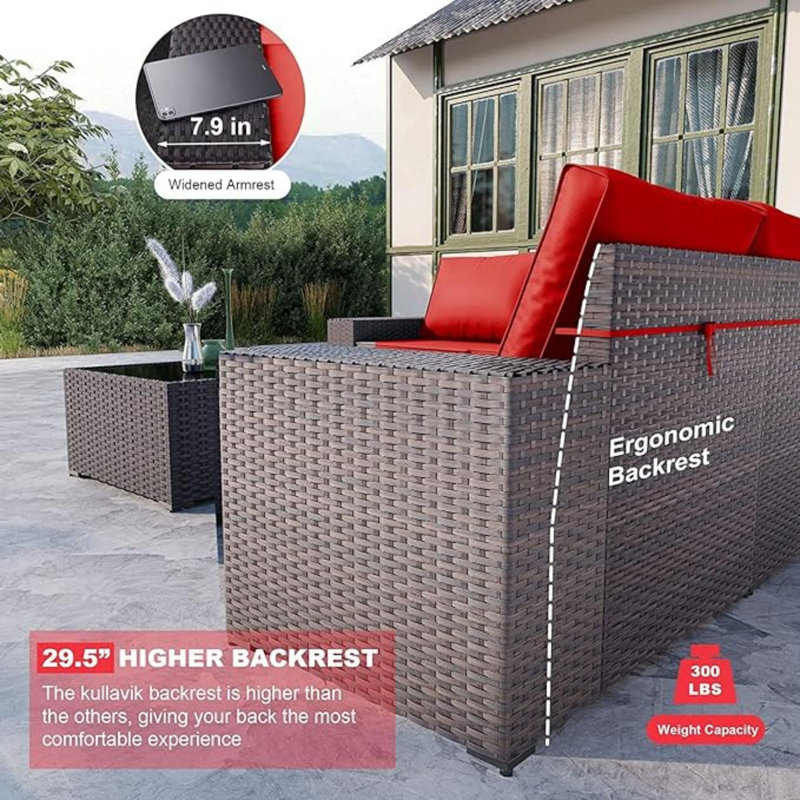 Dawes 12-Piece Outdoor Rattan Sectional Set With Cushions And Tempered Glass Table, Red