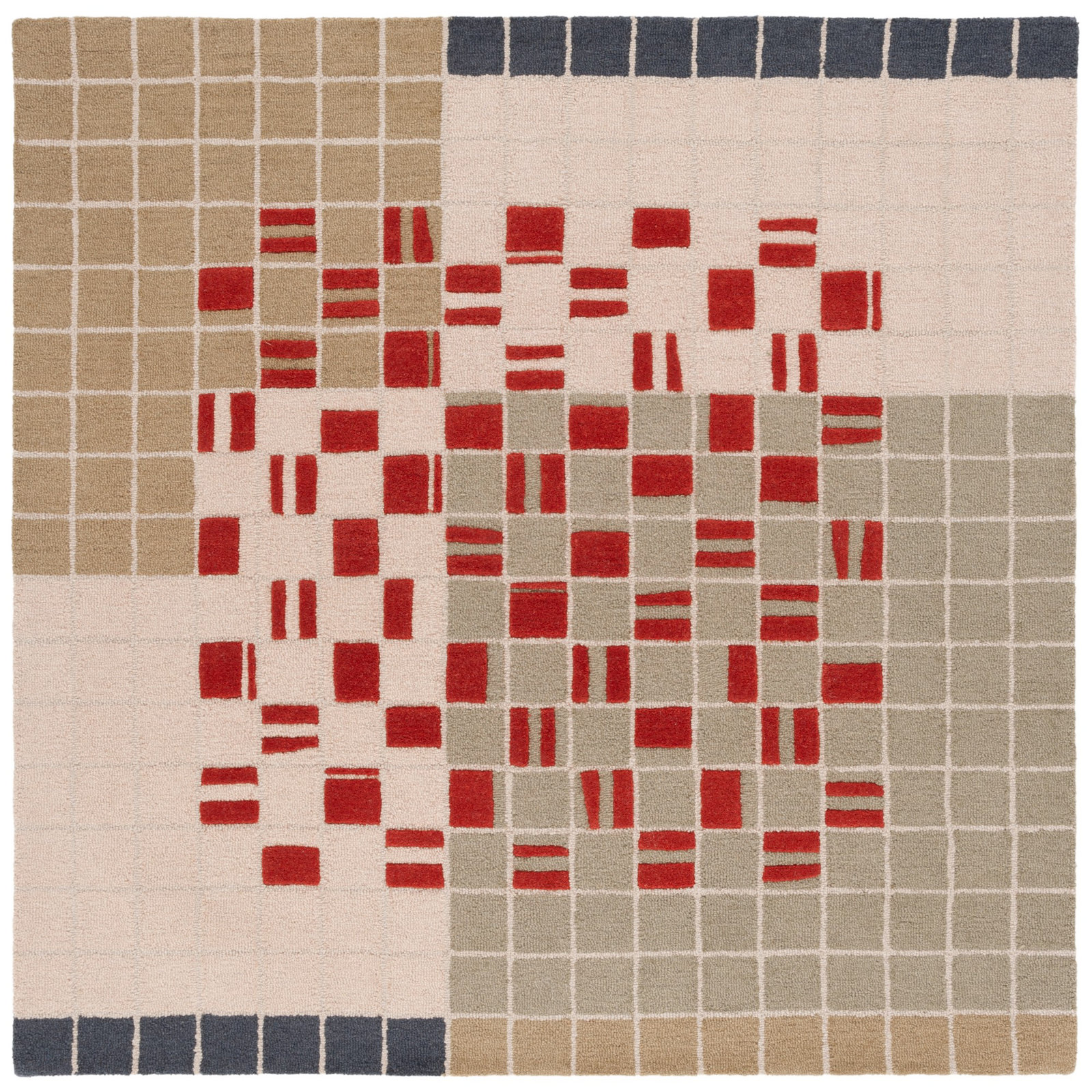 Elswick Gray Red Hand-Tufted Geometric Wool Rug, Square 6'