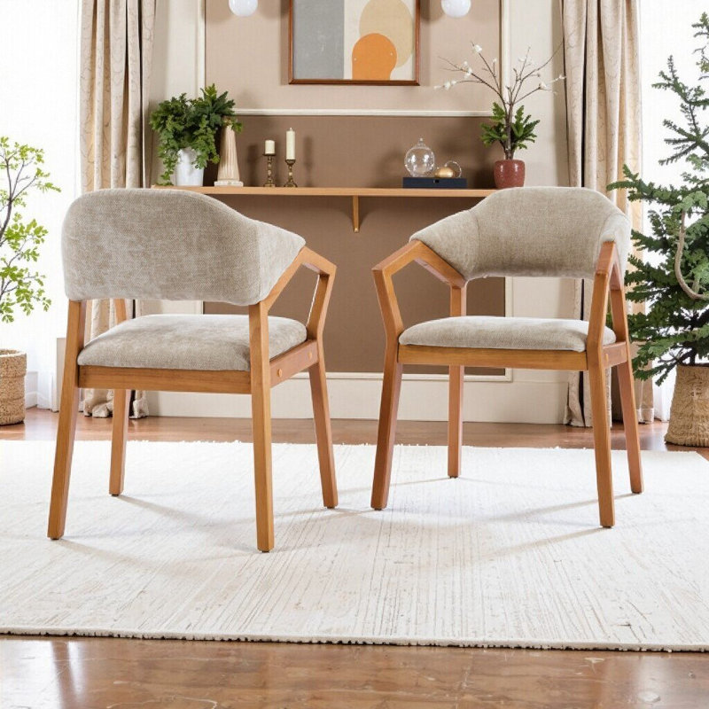 Ensemble de 2 chaises de salle à manger rembourrées en chenille avec structure robuste, Avoine, teck